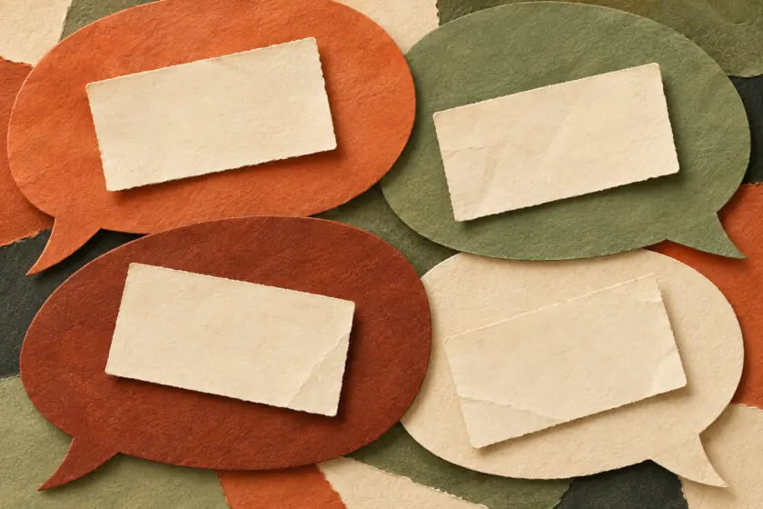 Editorial illustration of layered paper conversations