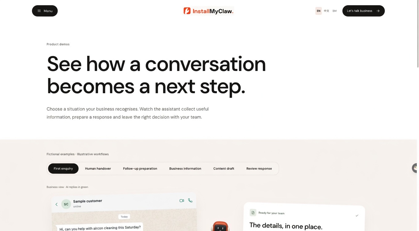 InstallMyClaw product demo: a WhatsApp enquiry becomes a team handover.