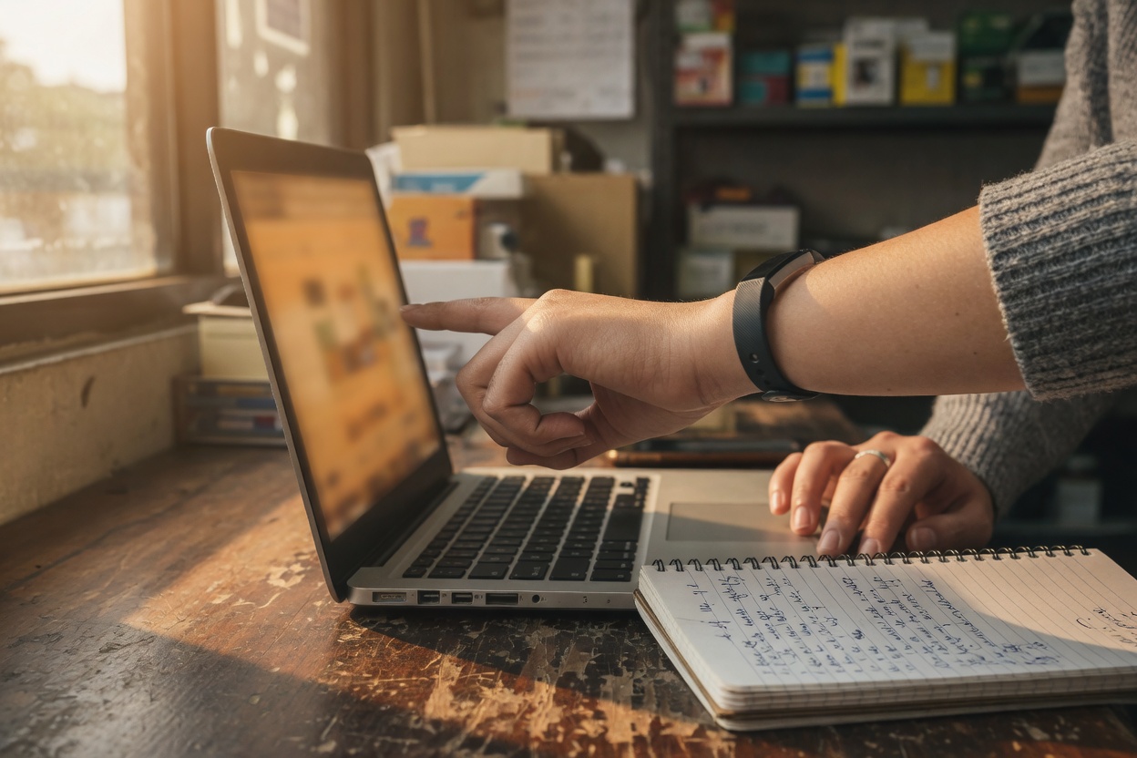 Hands review a laptop beside a handwritten notebook in a shop back office.