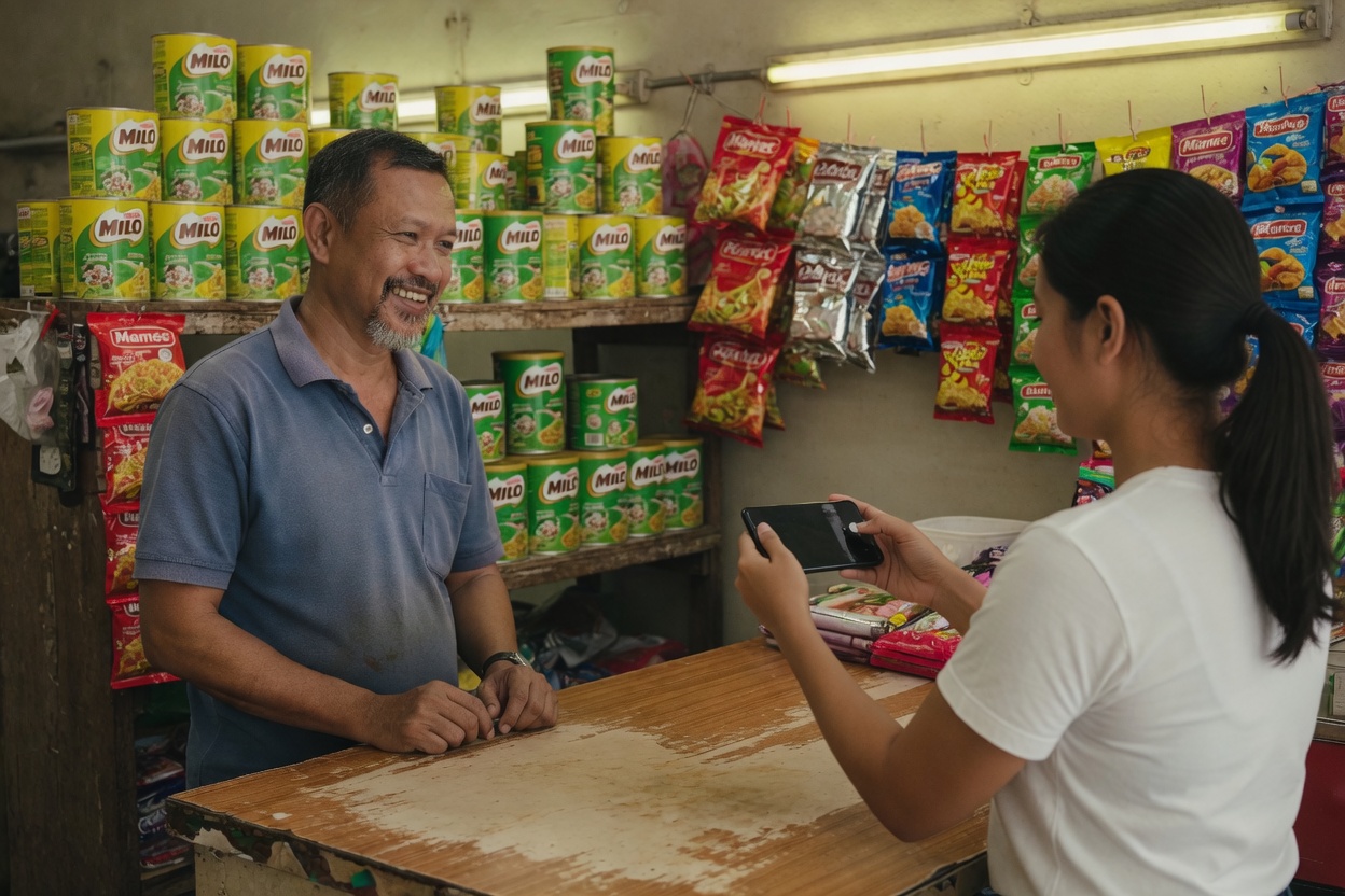 A Malaysian shopkeeper talks with a customer across a kedai counter.