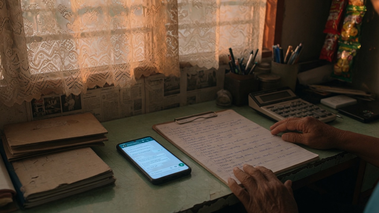 A Malaysian shopkeeper’s hands rest beside a glowing chat on a phone and a handwritten handover note.