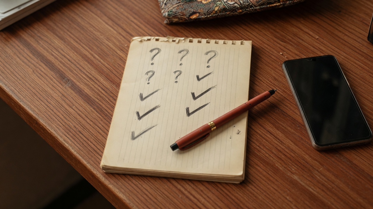 A notepad of customer questions and ticks beside a phone on a wooden shop desk.