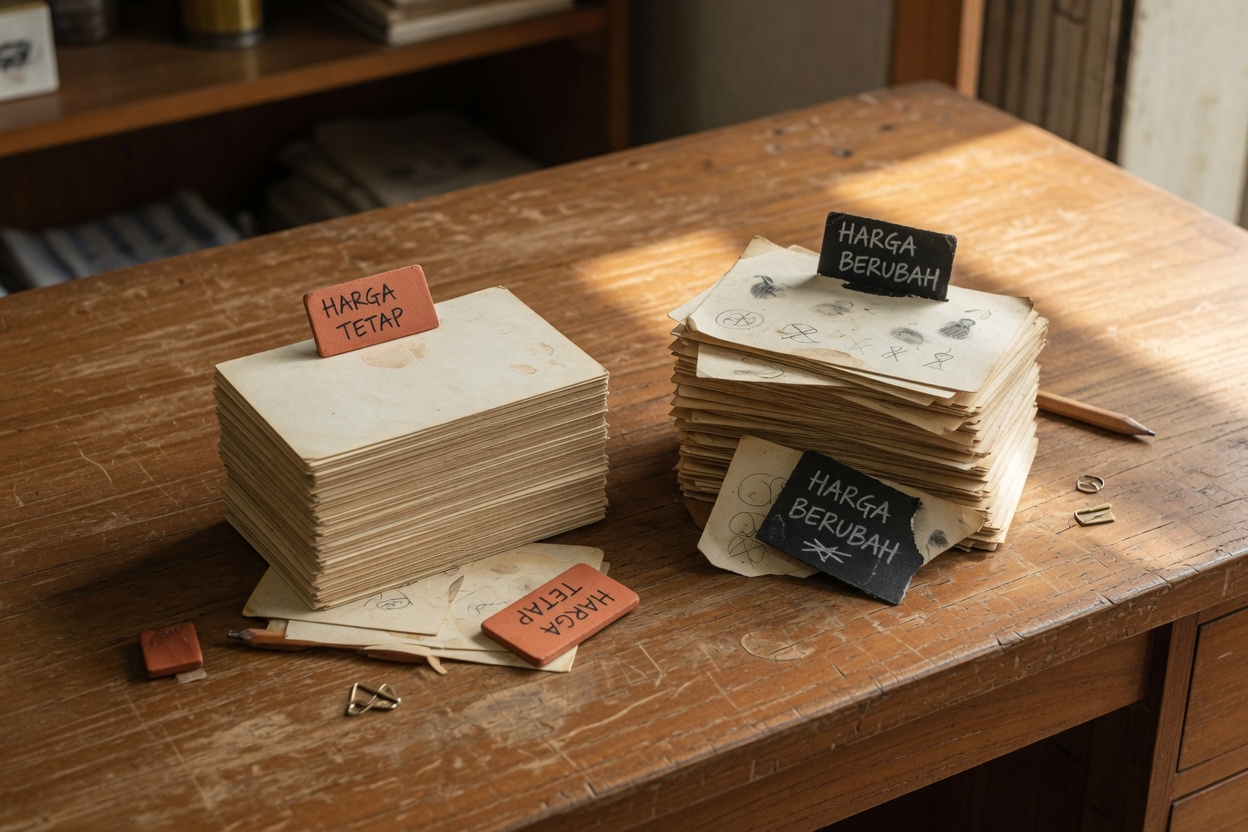 Two stacks of notes labelled in Malay as fixed prices and prices that change.