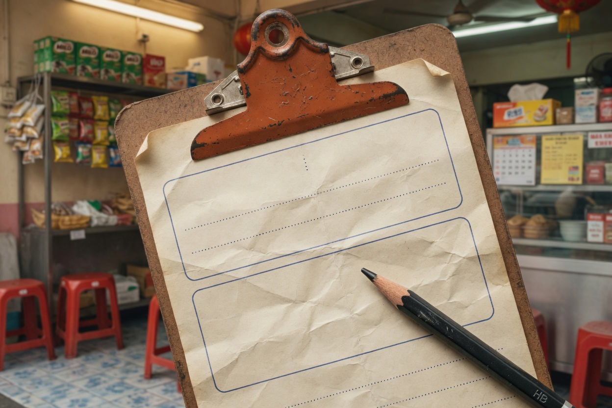A clipboard in a Malaysian kopitiam with only two empty fields.