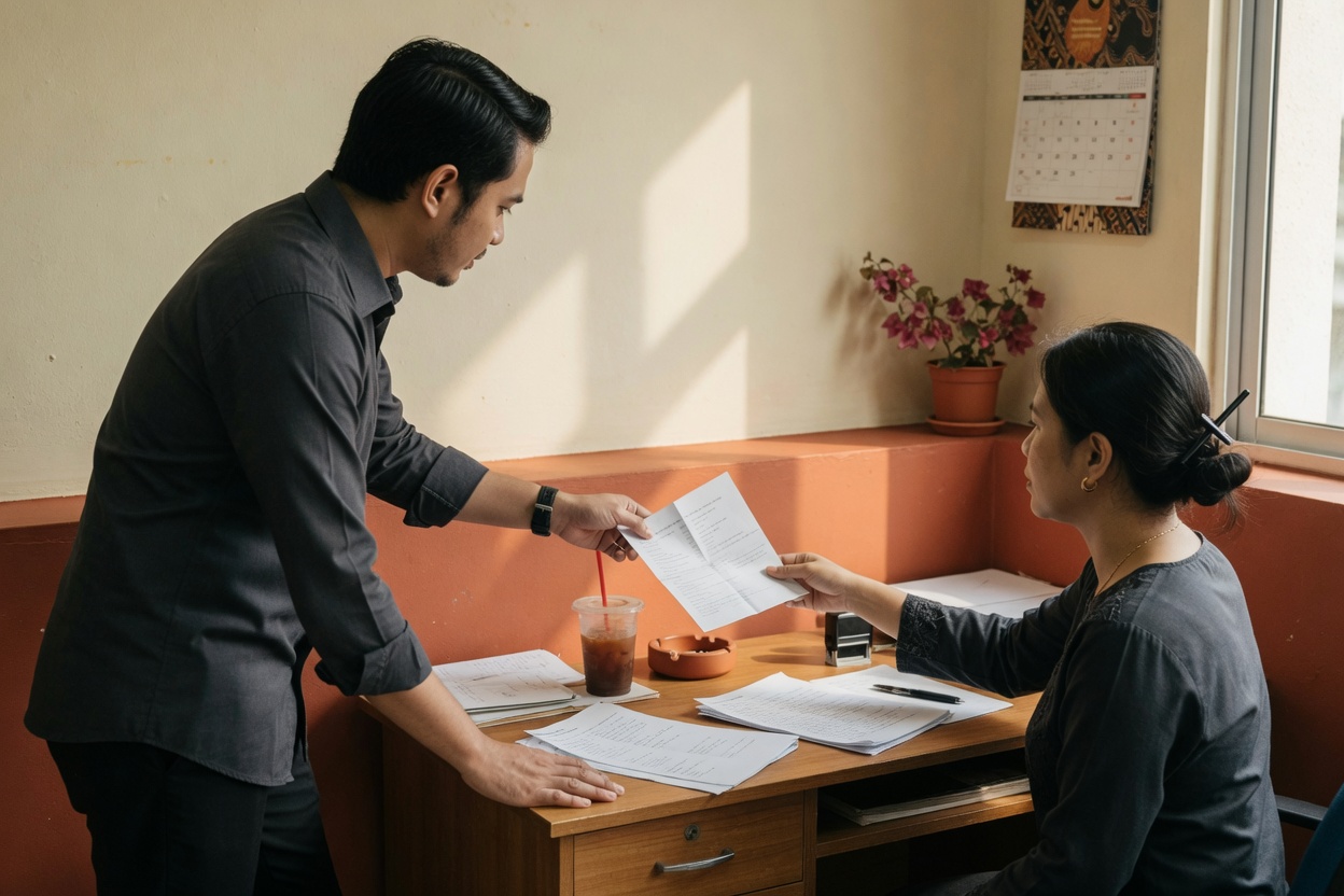A colleague hands a written summary to a teammate at a small Malaysian office desk.