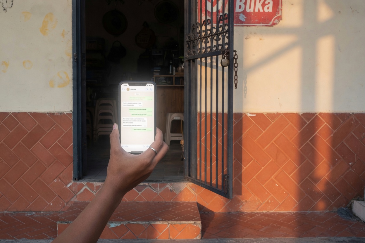 A hand holds a phone showing a chat at a shop doorway marked Buka.