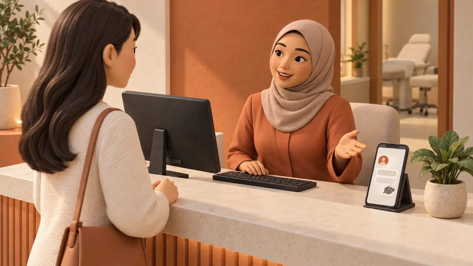 Illustration: a clinic receptionist greets a walk-in client while the phone beside her shows an enquiry being passed to a person