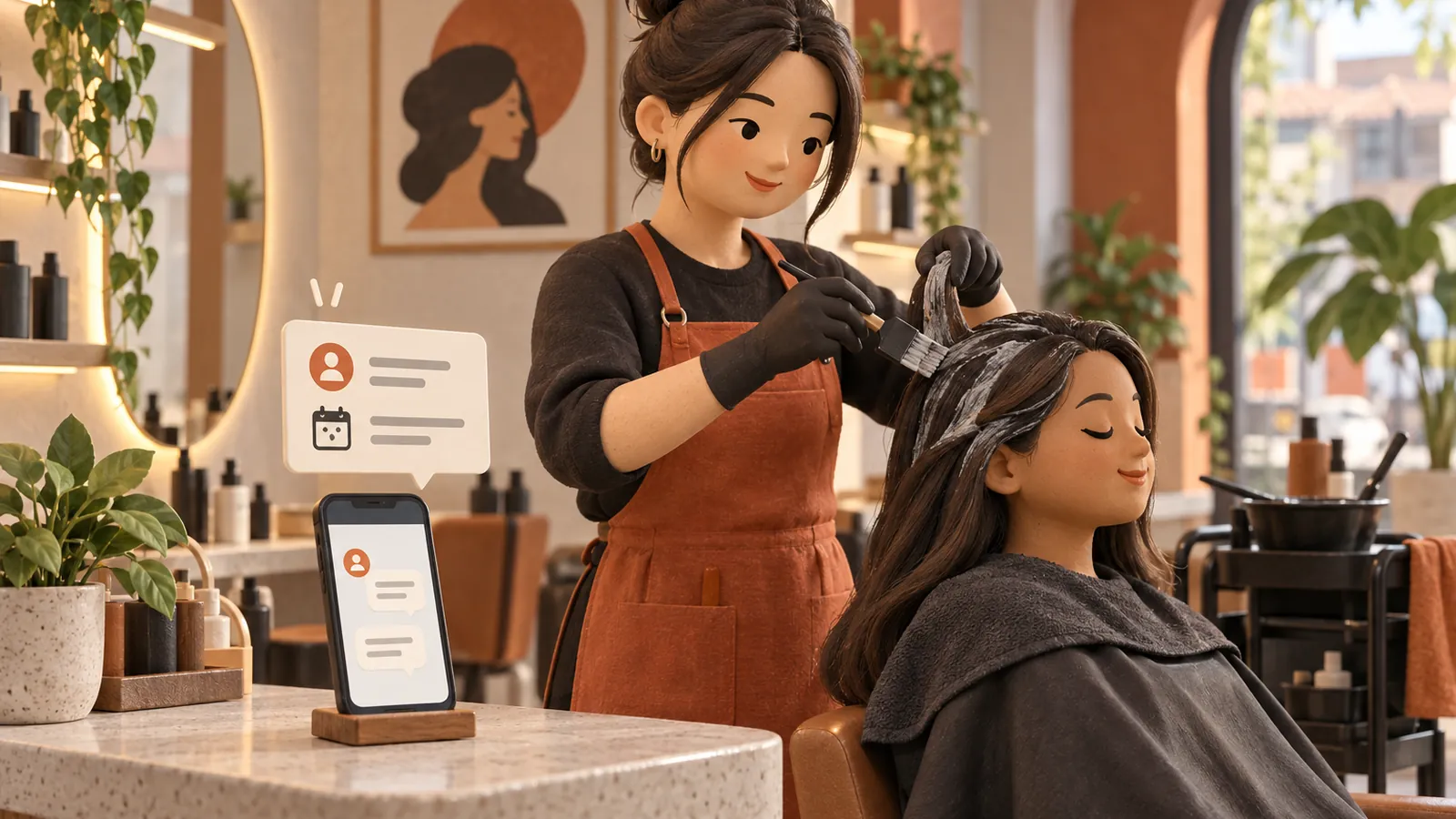 Illustration: a salon owner colours a customer's hair while the phone on the counter shows a booking request already noted