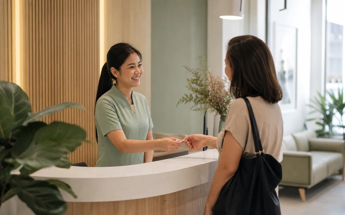 Clinic receptionist greeting a patient at the front desk