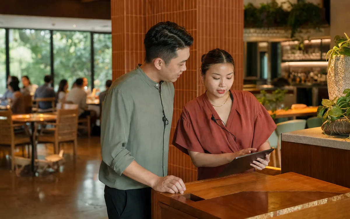 Restaurant staff coordinating a booking at the reception desk
