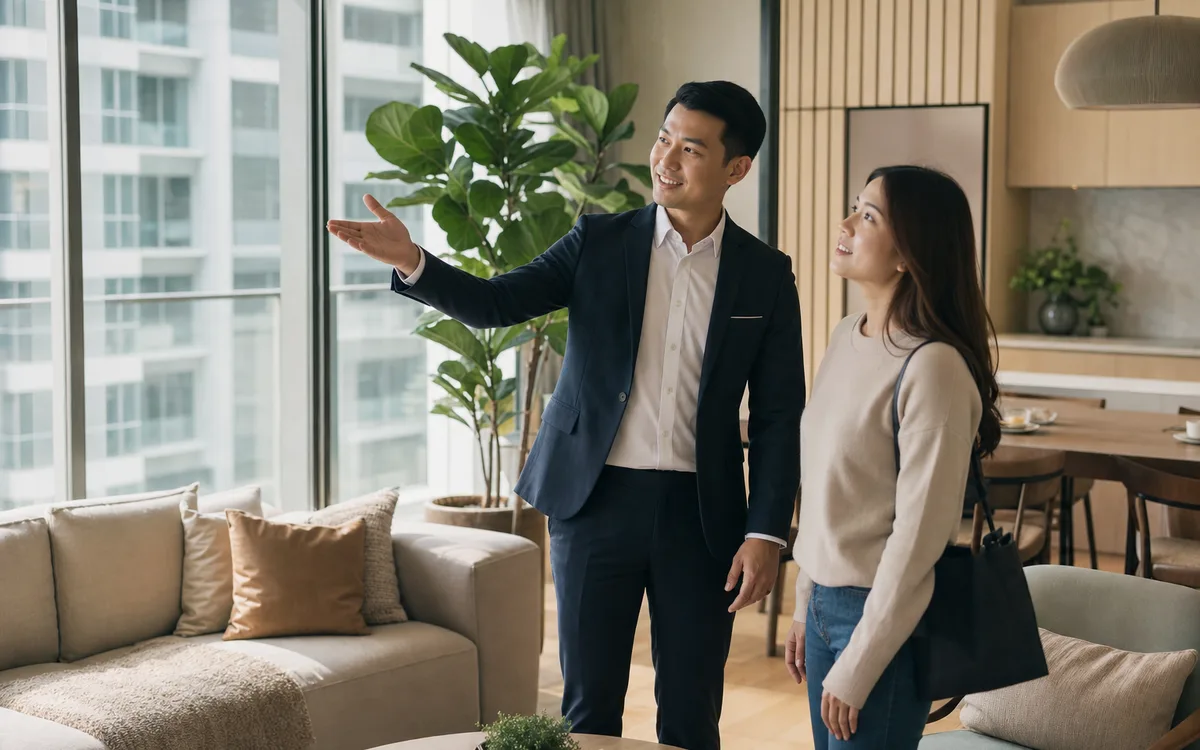 Property agent showing a bright condominium to a buyer