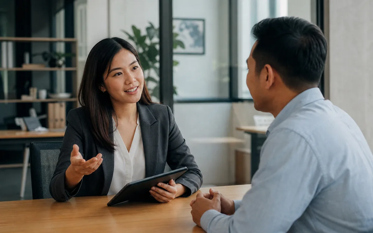 Recruitment consultant speaking with a candidate in a bright office